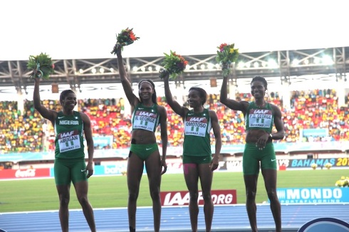 L-R: Sade Abugan, Regina George, Omolara Omotosho & Patience Okon George celebrate their fantastic World Relay Bronze in the 4x400m