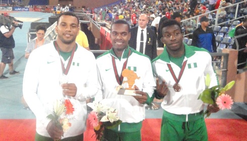 (L-R, Alex Al-Ameen, Tryon Akins & Martins Ogieriakhi after medals ceremony, where they got Silver, GOLD and Bronze respectively in the 110m Hurdles at the 2014 African Championships