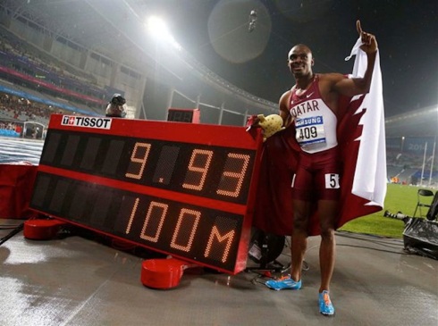 Femi Ogunode after setting a new 100m Asian Record at 2014 Asian Games (Photo Credit: Jason Reed, Reuters)