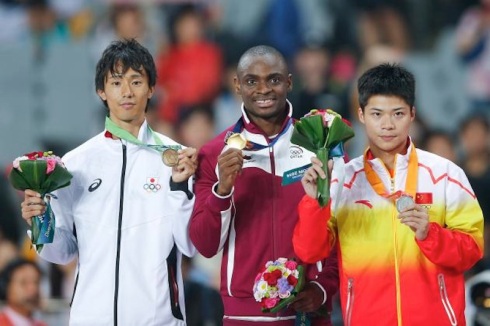 Qatar's Femi Ogunode after winning the 100m at the 2014 Asian Games in 9.93s.  China's Su Bingtian Bronze and  Japan's Kei Takase took Silver and Bronze respectively.  (Photo Credit: Lintao Zhang/Getty Images AsiaPac) 