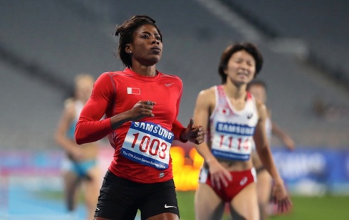 Kemi Adekoya winning the 400m Hurdles final for Bahrain at the 2014 Asian Games in 55.77s (Photo Credit: Chung Sung-Jun/Getty Images AsiaPac)